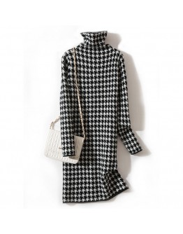  Autumn Winter Temperament Pile Collar Houndstooth Dress Women Straight Thick Warm Mid-length Knitted Bottom Sweater Dress