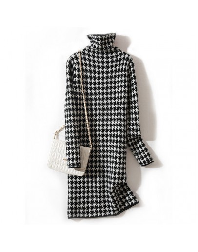  Autumn Winter Temperament Pile Collar Houndstooth Dress Women Straight Thick Warm Mid-length Knitted Bottom Sweater Dress