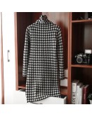  Autumn Winter Temperament Pile Collar Houndstooth Dress Women Straight Thick Warm Mid-length Knitted Bottom Sweater Dress