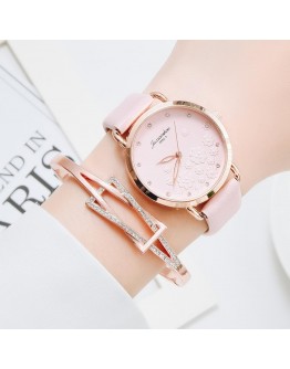 Women Diamond Watch Flowers Round Dial Bracelet Watches Set Ladies Leather Band Quartz Wristwatch Female Clock Zegarek Damski