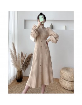 Lantern sleeve knitted dress female autumn winter   half turtleneck loose casual thick long pleated dress women