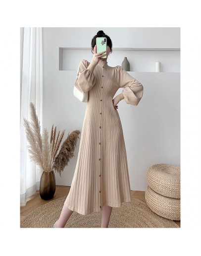 Lantern sleeve knitted dress female autumn winter   half turtleneck loose casual thick long pleated dress women