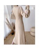 Lantern sleeve knitted dress female autumn winter   half turtleneck loose casual thick long pleated dress women