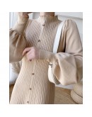 Lantern sleeve knitted dress female autumn winter   half turtleneck loose casual thick long pleated dress women