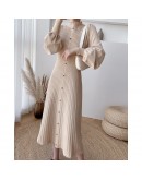 Lantern sleeve knitted dress female autumn winter   half turtleneck loose casual thick long pleated dress women