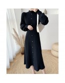 Lantern sleeve knitted dress female autumn winter   half turtleneck loose casual thick long pleated dress women