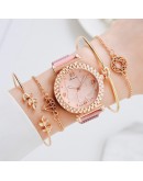  5pcs Set Bracelet Watch For Women Magnetic Buckle Butterfly Pattern Elegant Pink Ladies Wrist Watch Set Relogio Feminino