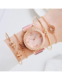  5pcs Set Bracelet Watch For Women Magnetic Buckle Butterfly Pattern Elegant Pink Ladies Wrist Watch Set Relogio Feminino