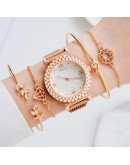  5pcs Set Bracelet Watch For Women Magnetic Buckle Butterfly Pattern Elegant Pink Ladies Wrist Watch Set Relogio Feminino