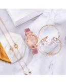  5pcs Set Bracelet Watch For Women Magnetic Buckle Butterfly Pattern Elegant Pink Ladies Wrist Watch Set Relogio Feminino