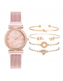  5pcs Set Bracelet Watch For Women Magnetic Buckle Butterfly Pattern Elegant Pink Ladies Wrist Watch Set Relogio Feminino