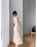 Lantern Sleeve Knitted Dress Autumn Winter   Elegant French Style Mid-length High-waist Sweater Dresses