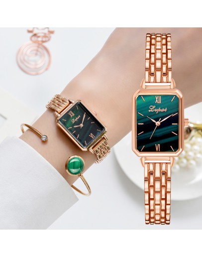 Lvpai  Watch For Women  Square Quartz Watch Bracelet Set Green Dial  Rose Gold Simple Ladies Watch reloj mujer