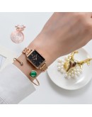 Lvpai  Watch For Women  Square Quartz Watch Bracelet Set Green Dial  Rose Gold Simple Ladies Watch reloj mujer