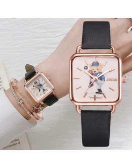 Casual Women Watches Bear Pattern Square Bracelet Watches Set Ladies Leather Band Quartz Wristwatch Female Clock Zegarek Damski