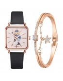 Casual Women Watches Bear Pattern Square Bracelet Watches Set Ladies Leather Band Quartz Wristwatch Female Clock Zegarek Damski