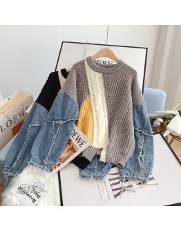 Hit Color Hip-hop Denim Stitching Harajuku Sweater Women Autumn Winter  Design Lazy Retro Oversized Pullover Sweater