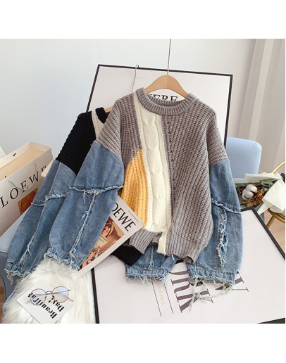 Hit Color Hip-hop Denim Stitching Harajuku Sweater Women Autumn Winter  Design Lazy Retro Oversized Pullover Sweater