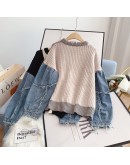 Hit Color Hip-hop Denim Stitching Harajuku Sweater Women Autumn Winter  Design Lazy Retro Oversized Pullover Sweater