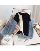 Hit Color Hip-hop Denim Stitching Harajuku Sweater Women Autumn Winter  Design Lazy Retro Oversized Pullover Sweater