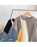 Hit Color Hip-hop Denim Stitching Harajuku Sweater Women Autumn Winter  Design Lazy Retro Oversized Pullover Sweater