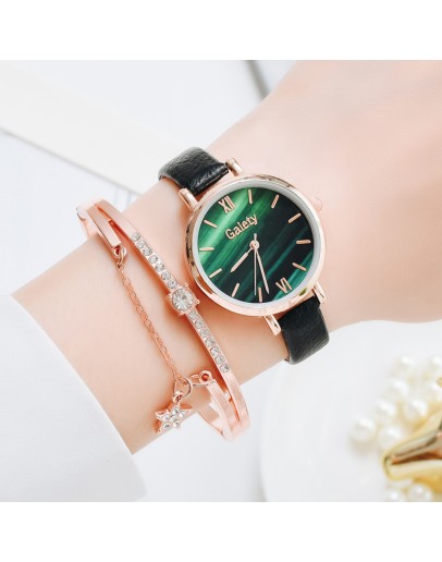  2pcs Set Women Watches Bracelet Set Casual Leather Green Dial Ladies Bracelet Watch Quartz Wristwatch Relogio Feminino