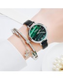  2pcs Set Women Watches Bracelet Set Casual Leather Green Dial Ladies Bracelet Watch Quartz Wristwatch Relogio Feminino