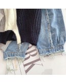 Hit Color Hip-hop Denim Stitching Harajuku Sweater Women Autumn Winter  Design Lazy Retro Oversized Pullover Sweater