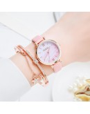  2pcs Set Women Watches Bracelet Set Casual Leather Green Dial Ladies Bracelet Watch Quartz Wristwatch Relogio Feminino