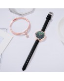  2pcs Set Women Watches Bracelet Set Casual Leather Green Dial Ladies Bracelet Watch Quartz Wristwatch Relogio Feminino