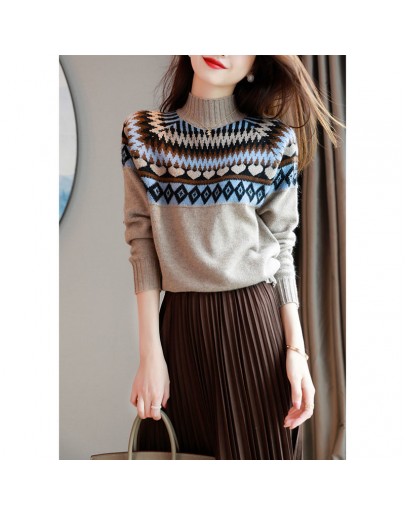 Autumn Winter Warm Knitted Pullover Sweater Women Half Turtleneck Argyle Print Cropped Sweater Aesthetic Jumper Knitwear