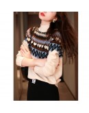 Autumn Winter Warm Knitted Pullover Sweater Women Half Turtleneck Argyle Print Cropped Sweater Aesthetic Jumper Knitwear