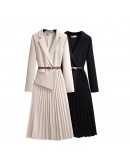 Long Suit Dress Women Autumn Spring  Design Sense Office Work Pleated Dress Female with Belt Fake Two Piece Vestido