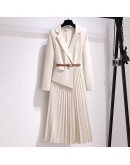 Long Suit Dress Women Autumn Spring  Design Sense Office Work Pleated Dress Female with Belt Fake Two Piece Vestido