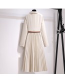 Long Suit Dress Women Autumn Spring  Design Sense Office Work Pleated Dress Female with Belt Fake Two Piece Vestido