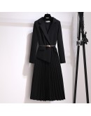 Long Suit Dress Women Autumn Spring  Design Sense Office Work Pleated Dress Female with Belt Fake Two Piece Vestido