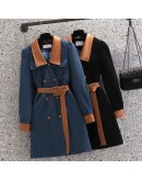 Spring Large Size Dress Women Autumn Winter  Stitching Double-breasted Loose Casual Dress with Belt Hit Color Vestido