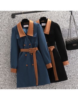 Spring Large Size Dress Women Autumn Winter  Stitching Double-breasted Loose Casual Dress with Belt Hit Color Vestido