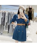 Spring Large Size Dress Women Autumn Winter  Stitching Double-breasted Loose Casual Dress with Belt Hit Color Vestido