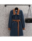 Spring Large Size Dress Women Autumn Winter  Stitching Double-breasted Loose Casual Dress with Belt Hit Color Vestido