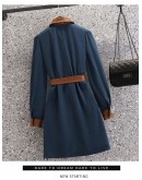 Spring Large Size Dress Women Autumn Winter  Stitching Double-breasted Loose Casual Dress with Belt Hit Color Vestido