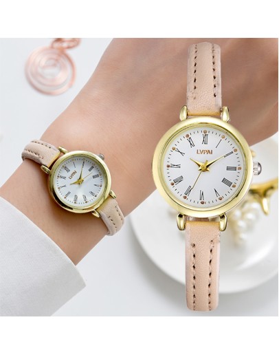 Lvpai   Women Simple Exquisite Roma Retro Watches Elegant Ladies Small Wristwatches Vintage Beige Leather Dress Watch