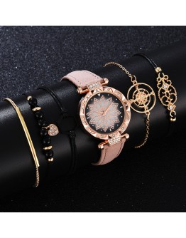  6pcs Women Watches Set  Flowers Diamond Ladies Bracelet Watch Casual Leather Quartz Pink Wrist Watch Reloj Mujer