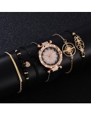  6pcs Women Watches Set  Flowers Diamond Ladies Bracelet Watch Casual Leather Quartz Pink Wrist Watch Reloj Mujer