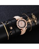  6pcs Women Watches Set  Flowers Diamond Ladies Bracelet Watch Casual Leather Quartz Pink Wrist Watch Reloj Mujer