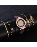  6pcs Women Watches Set  Flowers Diamond Ladies Bracelet Watch Casual Leather Quartz Pink Wrist Watch Reloj Mujer