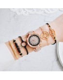  6pcs Women Watches Set  Flowers Diamond Ladies Bracelet Watch Casual Leather Quartz Pink Wrist Watch Reloj Mujer