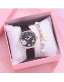 Gaiety  Women Watches Students Kids Children Pink Watch Girls Leather Hours Black Lovely Quartz Wristwatch Girl Clocks