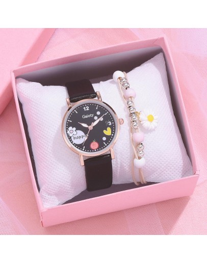 Gaiety  Women Watches Students Kids Children Pink Watch Girls Leather Hours Black Lovely Quartz Wristwatch Girl Clocks