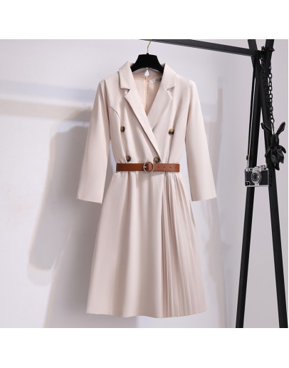 Suit Dress Women Spring Autumn   Elegant Design Sense Irregular Pleated Dress Female with Belt Midi Office Vestido